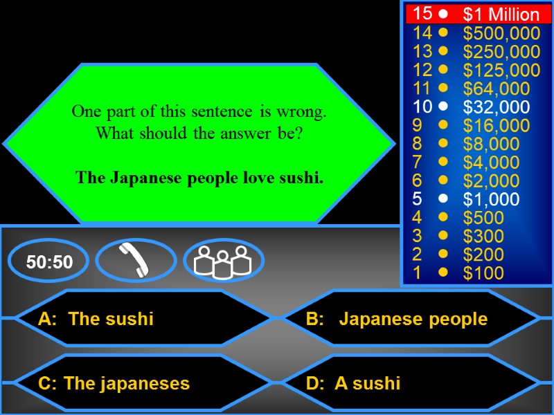 A:  The sushi C: The japaneses  B: D:  A sushi 50:50